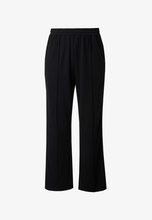 Pantaloni neri con vita elastica, design a gamba dritta e muniti di pieghe davanti. Tessuto morbido con una leggera lucentezza. Nessun hardware visibile.