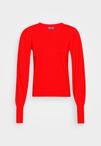 Roter Pullover mit langen Ärmeln aus weichem Strickmaterial, rundem Halsausschnitt und engen Ärmeln, mit dezenten gerippten Akzenten an den Bündchen.