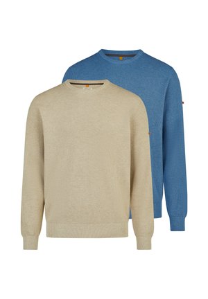 Due maglioni lavorati a maglia con trama, uno beige davanti e uno blu dietro, entrambi con scollo rotondo e maniche lunghe.