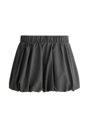 Čierno-biela károvaná balónová sukňa so zhrnutým elastickým pásom a nadýchaným strihom.