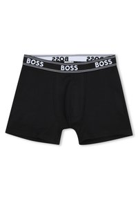 Μαύρα αντρικά εσώρουχα μποξεράκια με λευκό λογότυπο «BOSS» στη λάστιχη μέση. Λείο ύφασμα με εφαρμοστή σχεδίαση και μπροστινή θήκη.