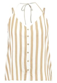Débardeur léger sans manches avec des rayures verticales beiges et blanches, un décolleté en V, une fermeture à boutons et des liens réglables à nouer autour du cou.