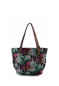 Canvas shopper met bloemmotief en bruine leren hengsels. Heeft groene, roze en witte plantenontwerpen op een zwarte achtergrond.