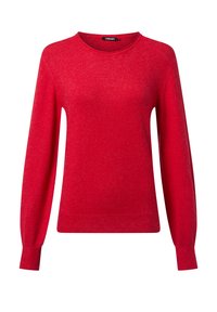 Red long-sleeve sweater with crew neckline and ribbed cuffs and hem, plain knit fabric.