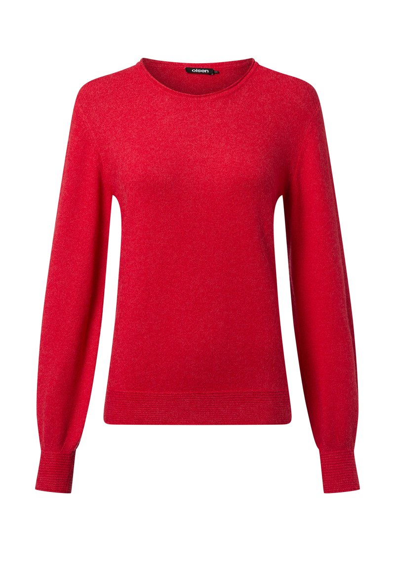 Red long-sleeve sweater with crew neckline and ribbed cuffs and hem, plain knit fabric.