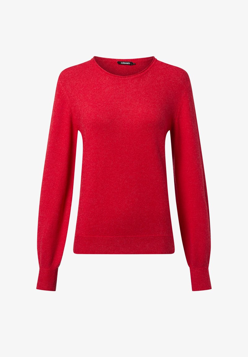 Red long-sleeve sweater with crew neckline and ribbed cuffs and hem, plain knit fabric.