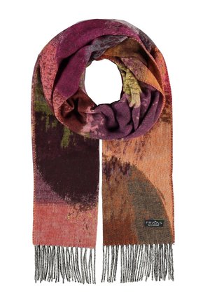 Gekleurde zachte sjaal in tinten paars, oranje en groen met abstracte patronen, franjes aan de uiteinden en een klein zwart merklipje.