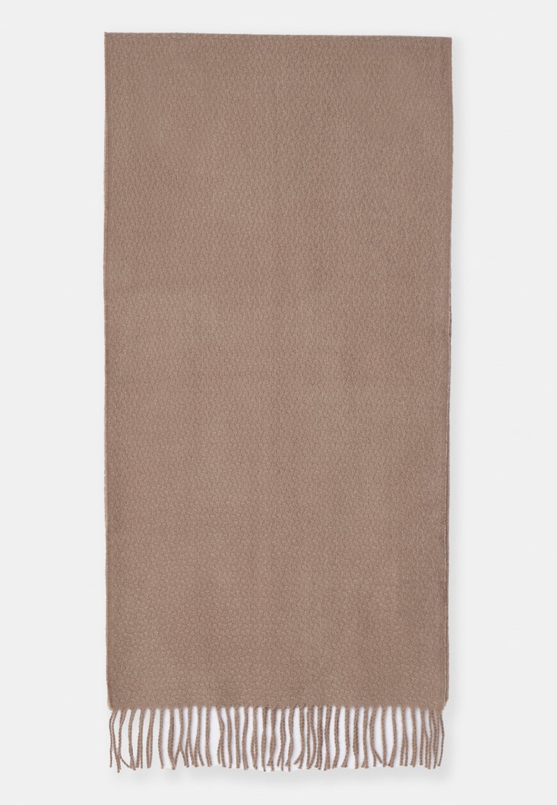 Brown woven scarf featuring a textured pattern and decorative fringes along the bottom edge. Measures rectangular, suitable for draping or wrapping.