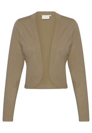 Lysebrun, langermet cardigan med åben front, ribbet detaljering langs kanterne og glat tekstur. Mærkets label er synlig ved halsudskæringen.