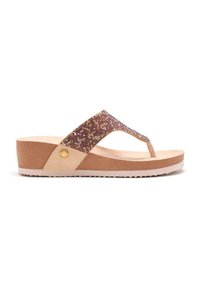 Sandales à plateforme avec une sangle marron pailletée, une semelle beige et une surface texturée. Présente un bout arrondi et un détail de marque subtil.