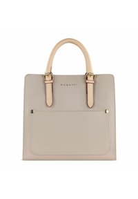 Sac à main en cuir beige avec deux poignées supérieures, une finition texturée et une poche avant fermée par un bouton-pression. Accents en métal doré.