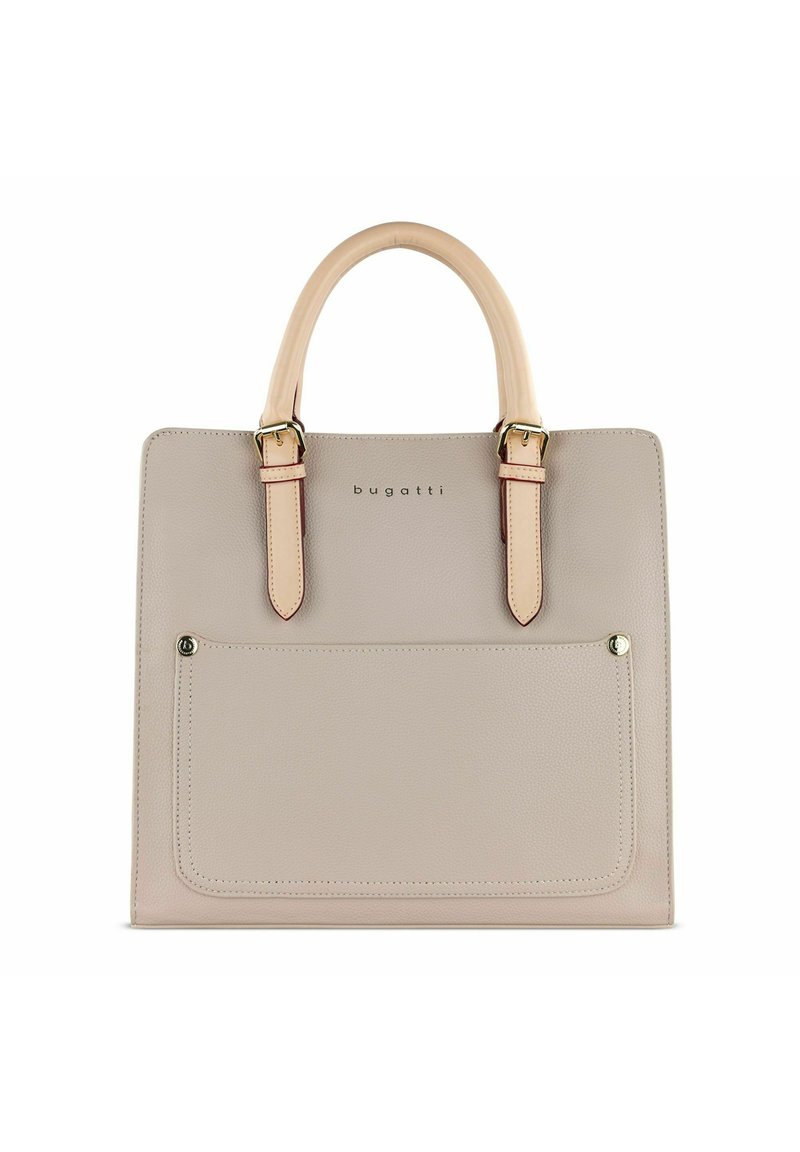 Sac à main en cuir beige avec deux poignées supérieures, une finition texturée et une poche avant fermée par un bouton-pression. Accents en métal doré.