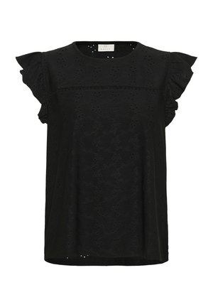 Czarna bawełniana bluzka z krótkimi falbaniastymi rękawami, ozdobiona haftem w kształcie oczek oraz okrągłym dekoltem. Miękka tkanina o luźnym kroju.