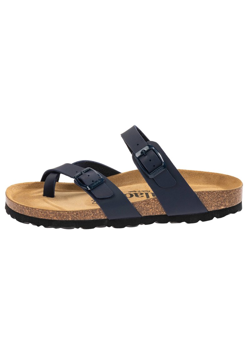 Dark blue sandal with cork footbed, two adjustable straps with buckles, and textured black rubber outsole.