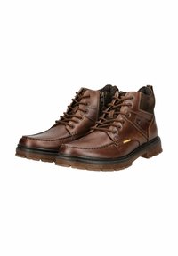 Brown leather ankle boots with lace-up closure, side zipper, textured suede accents, round toe, cushioned sole, and contrasting rubber tread.