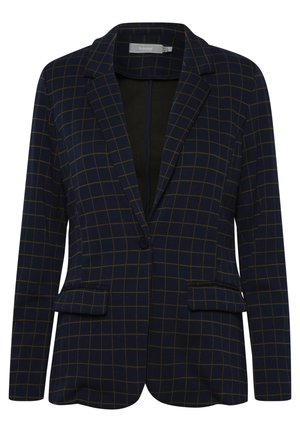 Blazer blu navy con motivo a griglia, caratterizzato da chiusura con un solo bottone, due tasche frontali e design con rever a punta.