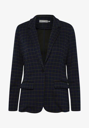 Marineblauwe blazer met een ruitpatroon, voorzien van een enkele knoopsluiting, twee voorzakken en een geknipte revers.