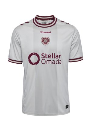 Weißes Fußballtrikot mit dunkelroten Details, dunkelrotem Heart of Midlothian FC-Wappen, Hummel-Logo und Stellar Omada Sponsor auf der Vorderseite.