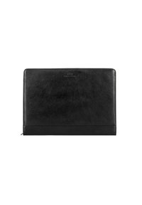 Zwarte leren laptophoes met een gladde textuur, afgeronde hoeken en een subtiele reliëflogo aan de bovenkant. Voorzien van een ritssluiting aan de rand.