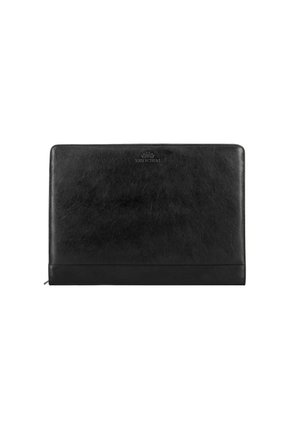 Housse pour ordinateur portable en cuir noir avec une texture lisse, des coins arrondis et un logo discret en relief en haut. Elle dispose d'une fermeture à glissière sur le bord.