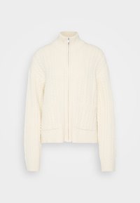 Κρεμ κάρντιγκαν με πλεκτή καλώδιο, ψηλό γιακά, φερμουάρ και μπροστινές πλαϊνές τσέπες. Ριμπά τελείωμα και μανσέτες μανικιών. Μαλακό, υφασμάτινο υλικό.