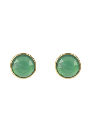 Orecchini rotondi con una pietra verde sfaccettata incastonata in un montatura in metallo color oro. Finitura liscia e lucida.