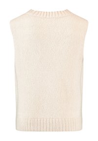 Gilet senza maniche in maglia color crema con collare e orlo a coste, visto da dietro.