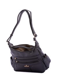 Borsa a tracolla in pelle nera con tracolla regolabile, multiple tasche con zip e una superficie testurizzata. Accenti in metallo color oro.