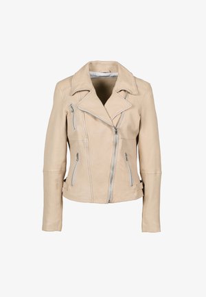 Jasno beżowa skórzana kurtka motocyklowa z wykładanym kołnierzem, skośnymi zamkami błyskawicznymi, dwoma przednimi kieszeniami i dopasowanym krojem. Gładka faktura.