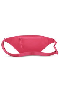 Ramič v jasně růžové barvě, vyrobený z hladké tkaniny; obsahuje přední zipovou kapsu, nastavitelné popruhy a ergonomický design pro pohodlí.