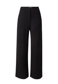 Zwarte wijde stoffen broek van een soepele, lichte stof. Heeft een vlakke voorkant en geen zichtbare hardware. Eenvoudig, verzorgd ontwerp.