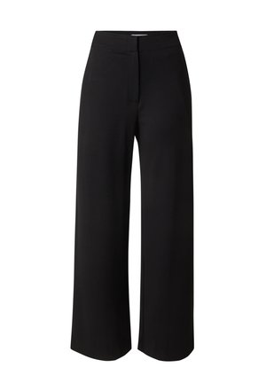 Black wide-leg trousers made from a smooth, lightweight fabric. Features a flat front and no visible hardware. Clean, tailored design.