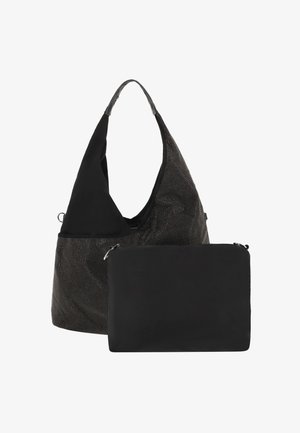 Sac hobo noir avec un motif de points métalliques et une pochette noire amovible. Tissu texturé avec une forme décontractée et une bandoulière courbée.