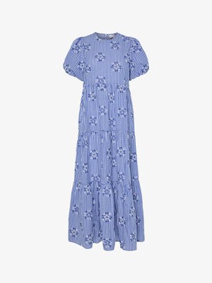 Abito in gingham blu con ricami floreali, maniche a puff corte e gonna a strati. Presenta un collo rotondo e una silhouette fluente.