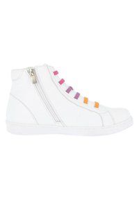 Weiße High-Top-Sneaker aus Leder mit mehrfarbigen elastischen Schnürsenkeln (rosa, lila, orange) und einem seitlichen Reißverschluss für einfachen Zugang.
