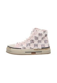 High-top sneakers in pink canvas with a checkerboard pattern of glitzy squares. Rubber toe cap and a slogan printed on the sole.