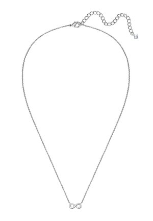 Collier délicat en chaîne argentée avec pendentif symbole infini et chaîne d'extension ajustable avec fermoir mousqueton.