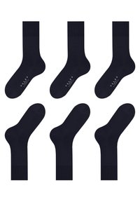 Dark navy crew socks with a smooth texture, featuring a ribbed cuff and subtle branding on the sole, arranged in a grid pattern.