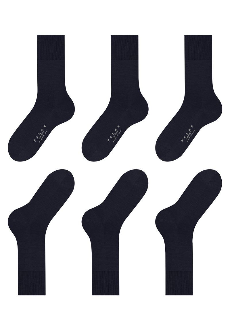 Dark navy crew socks with a smooth texture, featuring a ribbed cuff and subtle branding on the sole, arranged in a grid pattern.