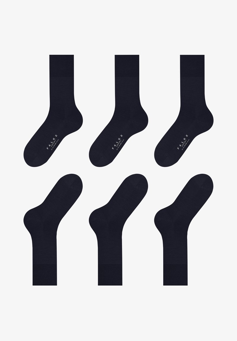 Dark navy crew socks with a smooth texture, featuring a ribbed cuff and subtle branding on the sole, arranged in a grid pattern.