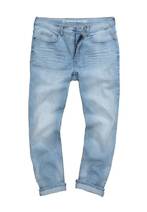 Hellblaue Denim-Jeans mit lockerer Passform, ausgestattet mit einem Knopfverschluss, fünf Taschen und umgeschlagenen Säumen. Dezente Ausbleichungen und Waschungen.