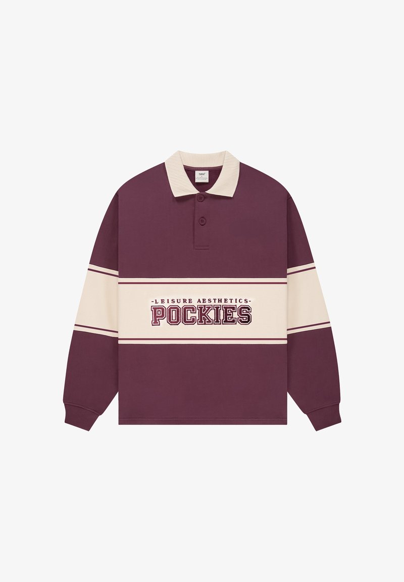 Polo z długim rękawem w bordowo-kremowej mieszance bawełny, z prążkowanym kołnierzykiem, plisą na trzy guziki oraz logo "POCKIES" na piersi.