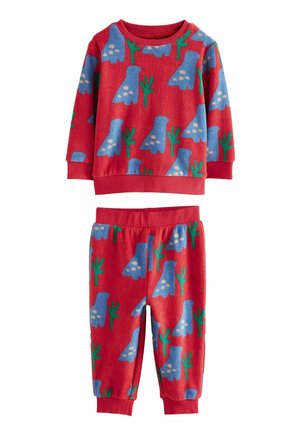 Fleece-Schlafanzugset in Rot mit blauen Tier- und grünen Pflanzenmustern. Das Langarmoberteil und die Hose mit elastischem Bund verfügen über gerippte Bundabschlüsse und einen gerippten Halsausschnitt.