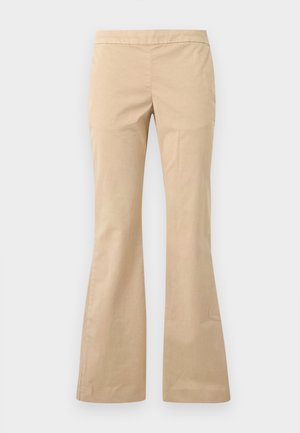 Pantaloni beige a gamba larga con fronte piatto e senza chiusure visibili, mostrati su uno sfondo chiaro e uniforme.