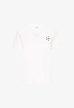 Valge puuvillane T-särk V-kaelusega, lühikeste varrukatega, millel on must meritähe disain vasakul rinnaku piirkonnas. Sile tekstuur, mugav lõige.