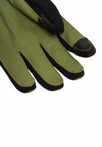 Guanti in pelle verde con accenti in tessuto nero, dotati di una superficie testurizzata e punte in gomma per una presa e una destrezza migliorate.