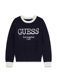 Pull en tricot bleu marine avec accents côtelés blancs et col rond. Présente l'inscription "GUESS Los Angeles 1981" en lettres blanches audacieuses sur le devant.