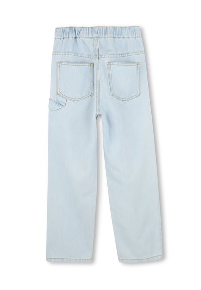 Pantalon en denim bleu clair avec une taille élastique, deux poches au dos et une poche sur le côté. Coupe droite avec une finition lisse.