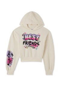 Hoddie accorciato color crema con stampa grafica colorata "BEST FRIENDS ever" e dettagli con cuori e stelle sulle maniche. Tessuto morbido.