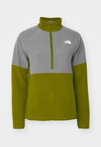 Pullover in pile con design a mezza zip, parte superiore grigia e parte inferiore verde oliva. Presenta il logo sul petto e due tasche laterali.